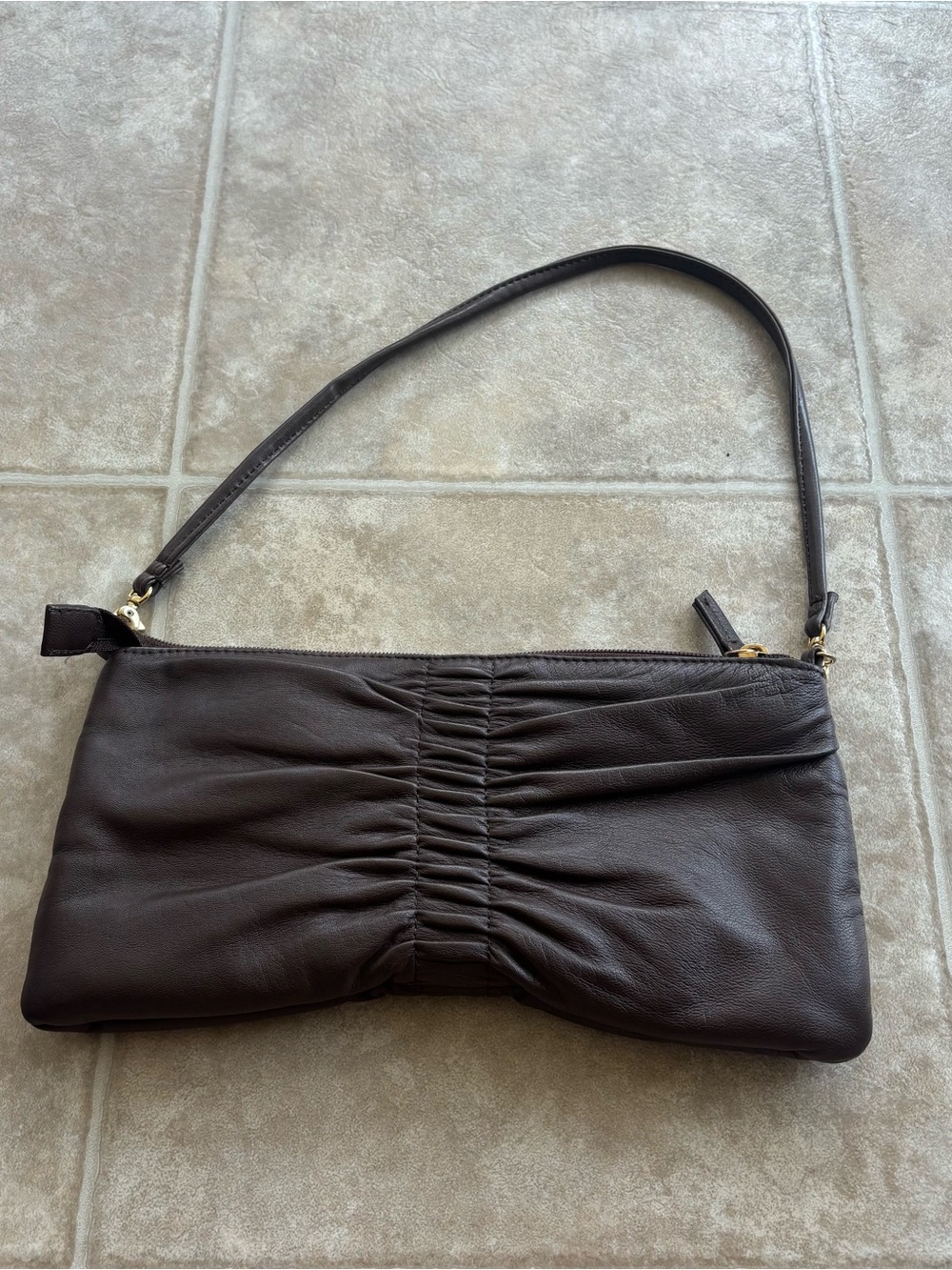 Apostrophe Dark Brown Ruched Leather Shoulder Bag